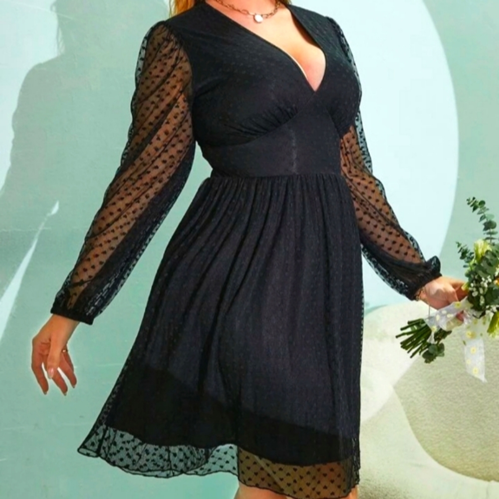 🧁B2G1🧁 SHEIN Black Heart Mesh Overlay Plunging Neckline Dress